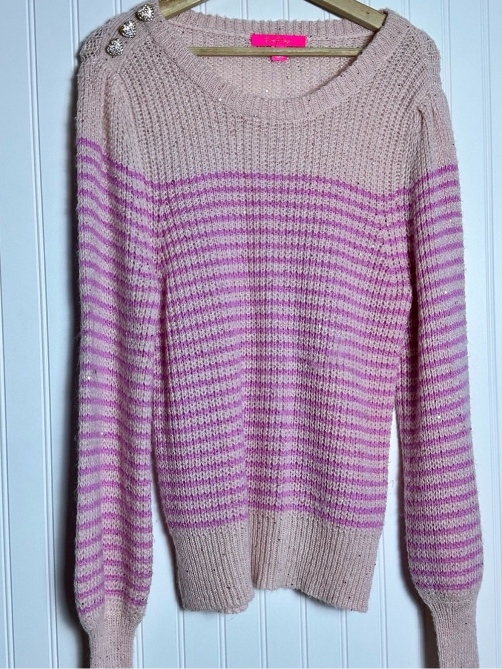 Lilly Pulitzer Finney Sweater Peony Pink Sparkle Stripe Sz M crewneck - Picture 4 of 11